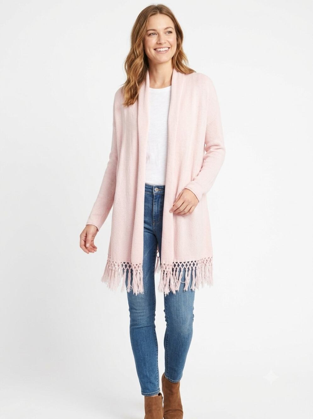 Lilly Pulitzer Cardigan Sweater Womens XL Baby Pink Knit Open Front Fringe Hem